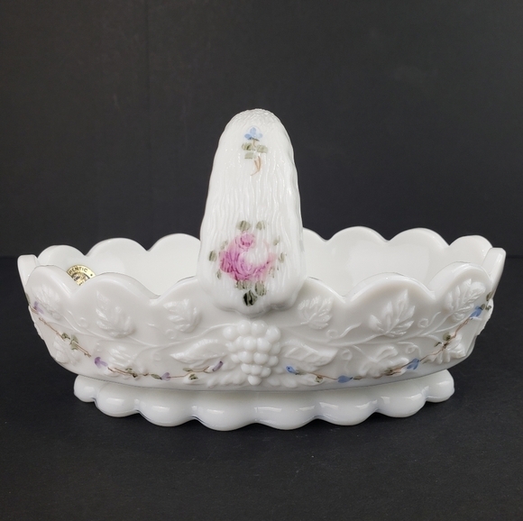 Westmoreland Milk Glass Basket Roses and Blue Vine Grapes Candy Dish Vintage - Picture 4 of 16